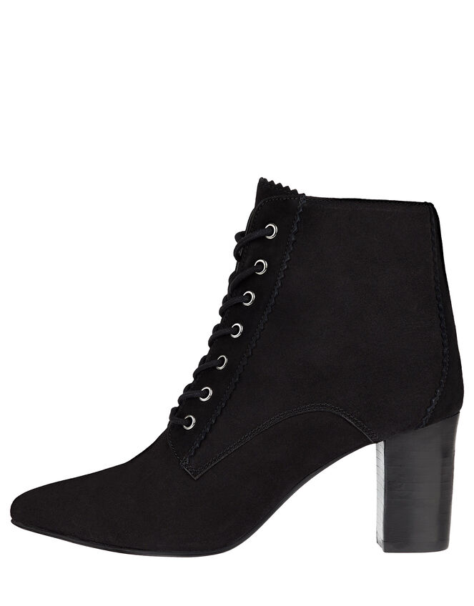 Lace-Up Suede Heeled Ankle Boots, Black (BLACK), large