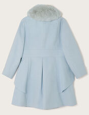 Waist Waterfall Coat with Faux Fur Collar, Blue (PALE BLUE), large