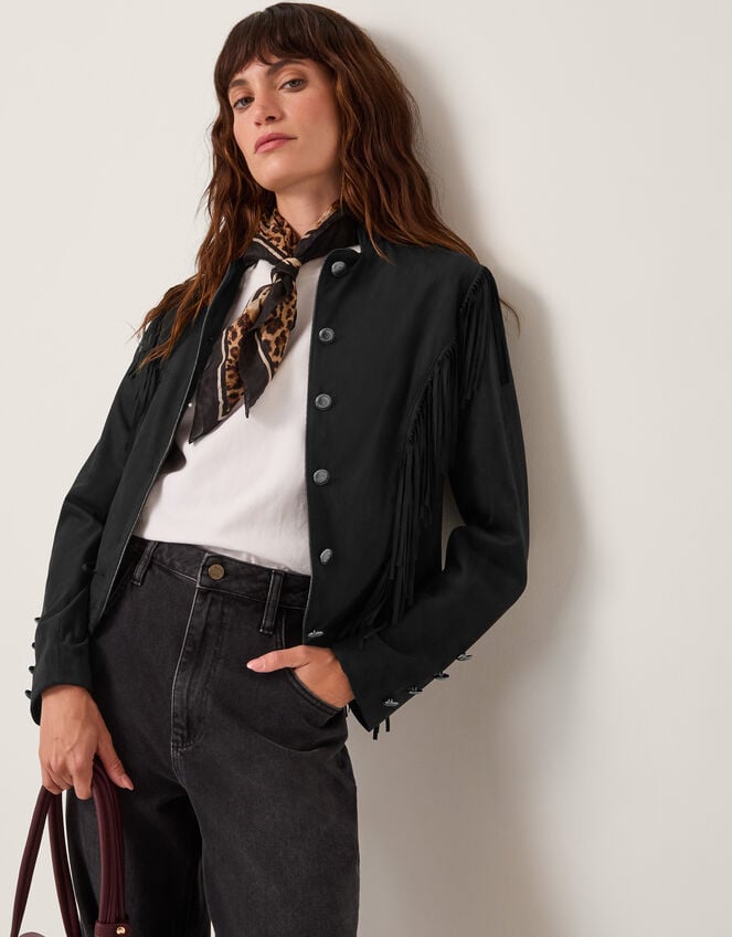 Salome Fringe Suedette Jacket, Black (BLACK), large