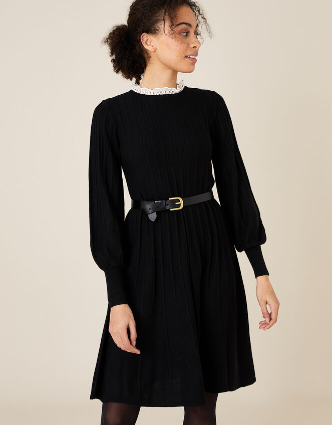 Woven Collar Knit Knee-Length Dress, Black (BLACK), large