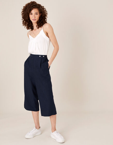 Cropped Trousers in Linen Blend Blue, Blue (NAVY), large