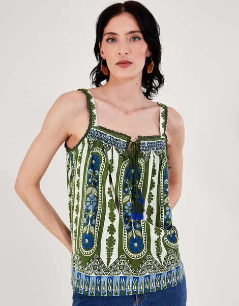 Heritage Print Lace Trim Cami Top, Green (KHAKI), large