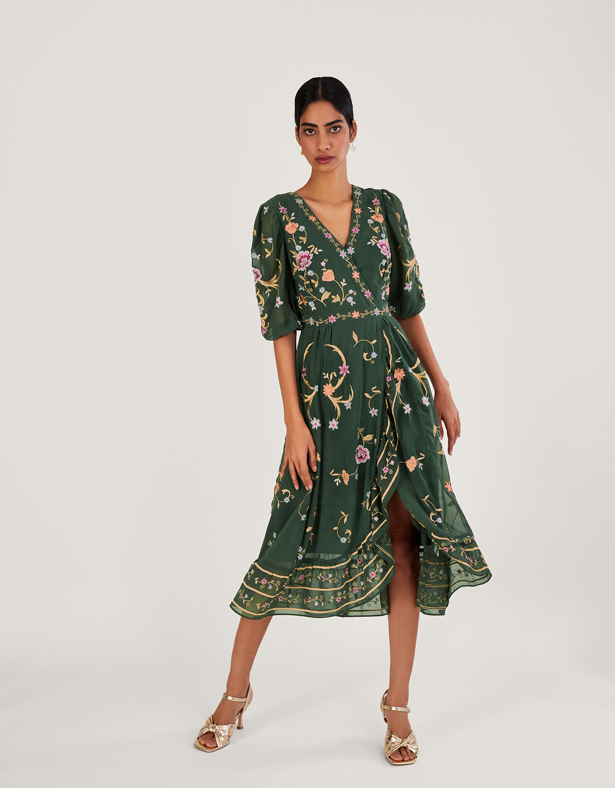 Christel Embroidered Wrap Dress in Recycled Polyester Green Evening Dresses Monsoon Global