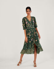 Christel Embroidered Wrap Dress in Recycled Polyester, Green (GREEN), large