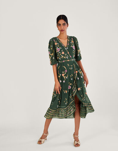 Christel Embroidered Wrap Dress in Recycled Polyester Green, Green (GREEN), large