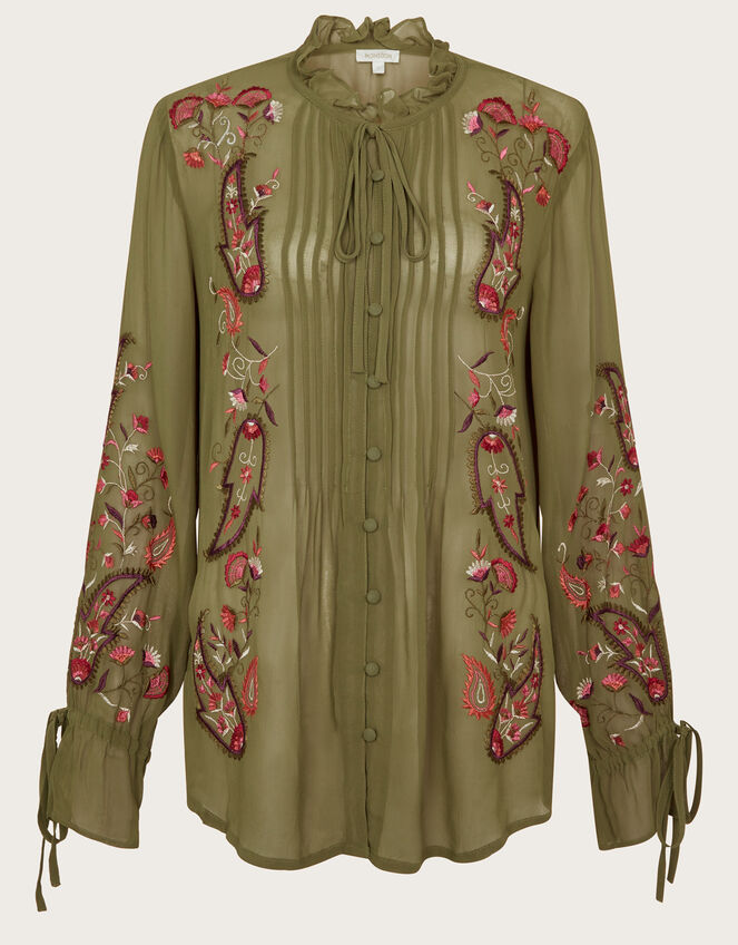 Grace Embroidered Long Sleeve Top, Green (KHAKI), large