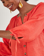 Round Neck Tie Cuffs Linen Blouse, Red (RED), large