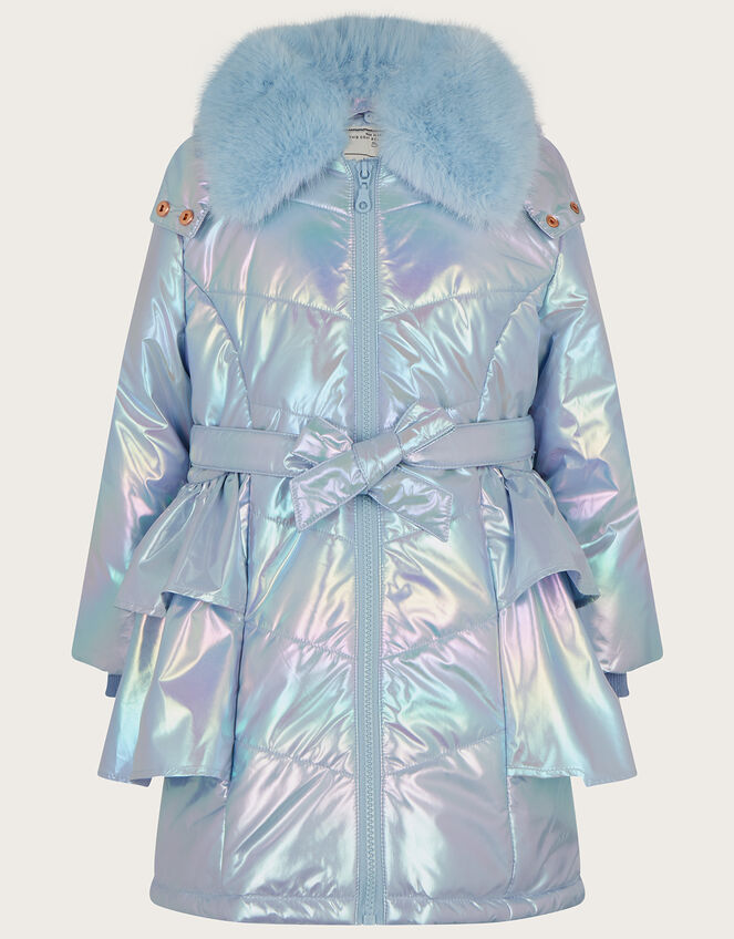 Metallic Frill Padded Coat, Blue (PALE BLUE), large