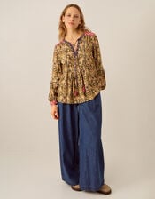 East Ikat Print Tassel Blouse, Green (GREEN), large