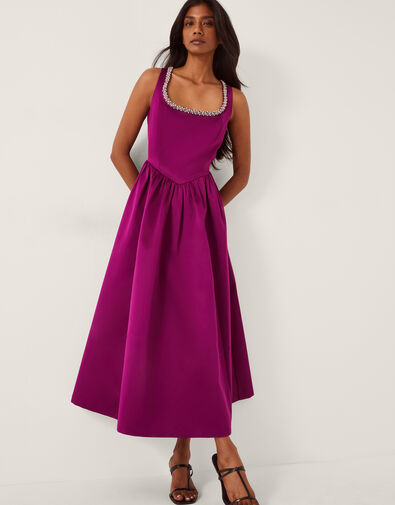 Saira Embellished Sleeveless Satin Midi Dress, Pink (MAGENTA), large