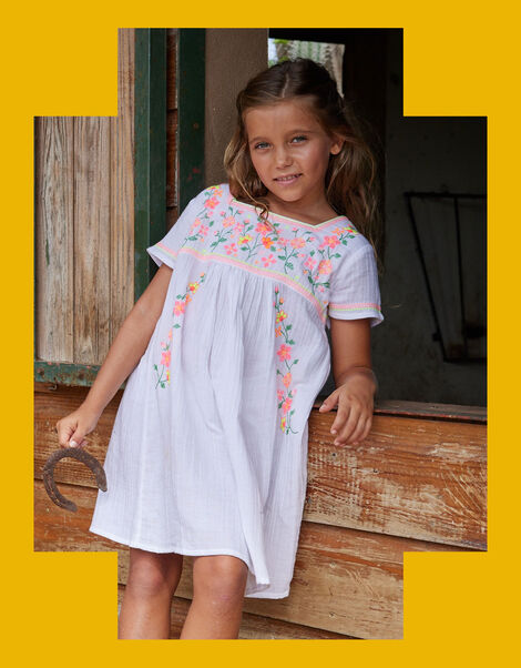 Sunuva Kids Peruvian Floral Embroidered Dress, White (WHITE), large