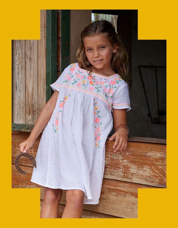 Sunuva Kids Peruvian Floral Embroidered Dress, White (WHITE), large