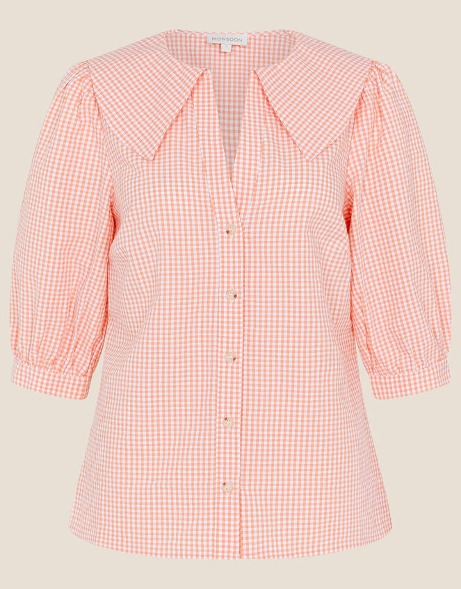 Wide Collar Gingham Top, Orange (CORAL), large