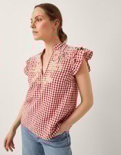 Greta Embroidered Gingham Top, Red (RED), large