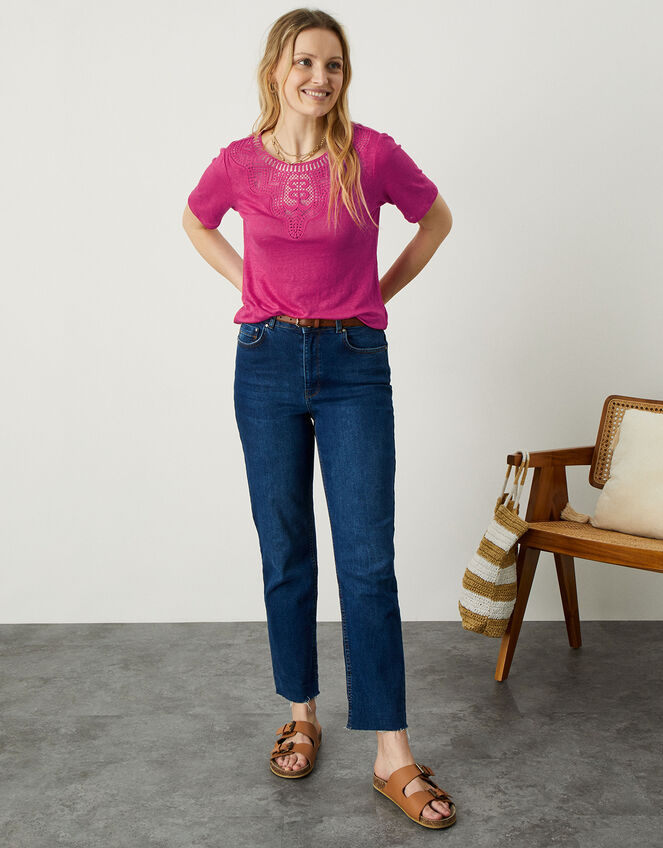 Embroidered Detail Jersey Linen T-Shirt, Pink (PINK), large