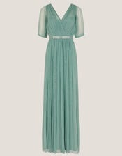 Ellie Sheer Sleeve Plunge Tulle Maxi Dress, Green (SAGE), large