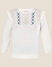 Embroidered Frill and Stitch Detail Jumper , Ivory (IVORY), large