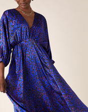 Animal Print Satin Midi Dress, Blue (BLUE), large