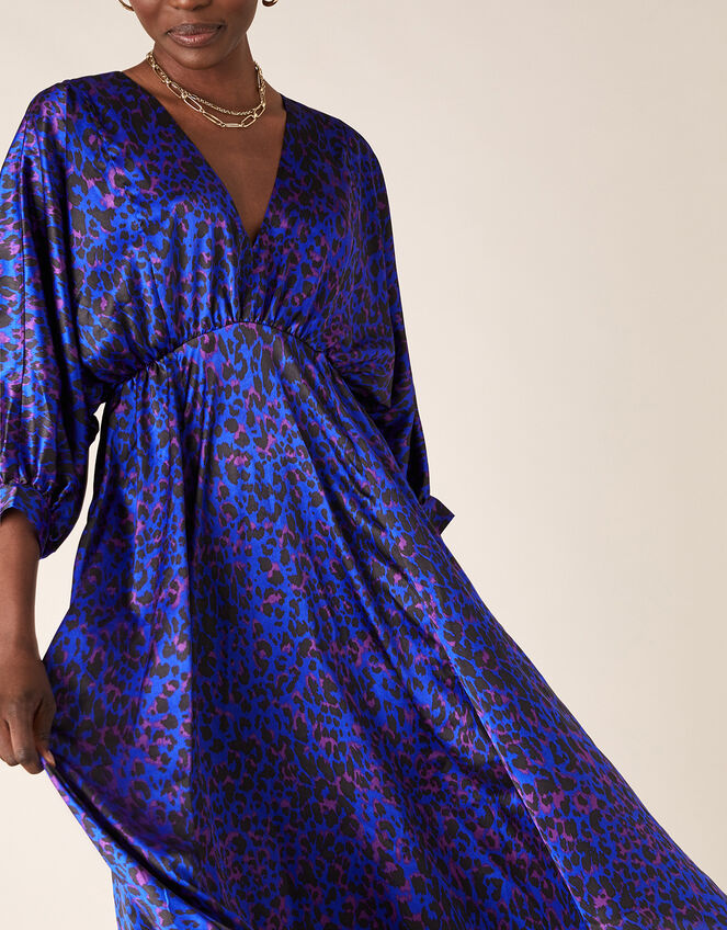 Animal Print Satin Midi Dress, Blue (BLUE), large