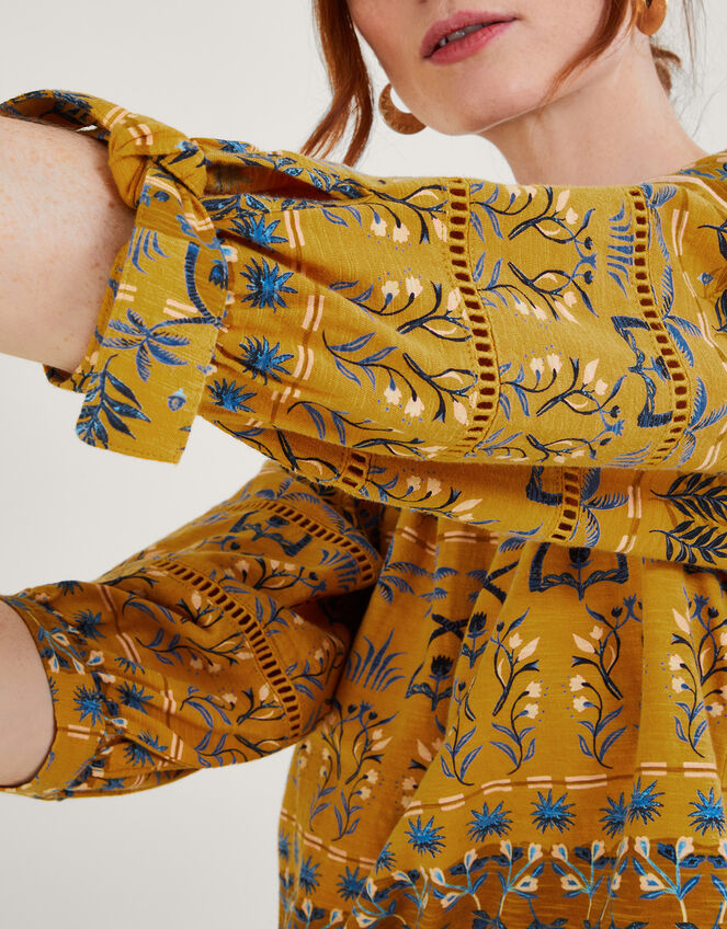 All-Over Leaf Print Smock Jersey Top, Yellow (OCHRE), large
