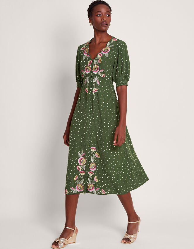 Myla Embroidered Tea Dress, Green (OLIVE), large