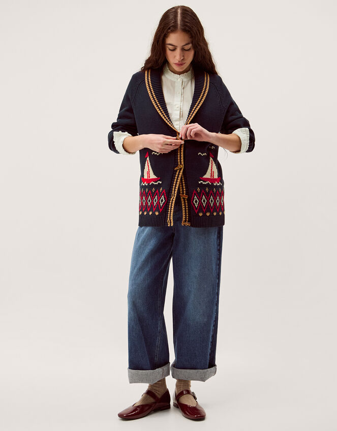 Sapna Intarsia Sailor Cardigan, Blue (NAVY), large