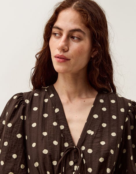 Paris Puff Sleeve Polka Dot Midi Dress, Brown (CHOCOLATE), large