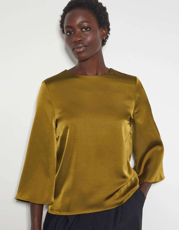 Ingrid Bell Sleeve Satin Top, Green (OLIVE), large
