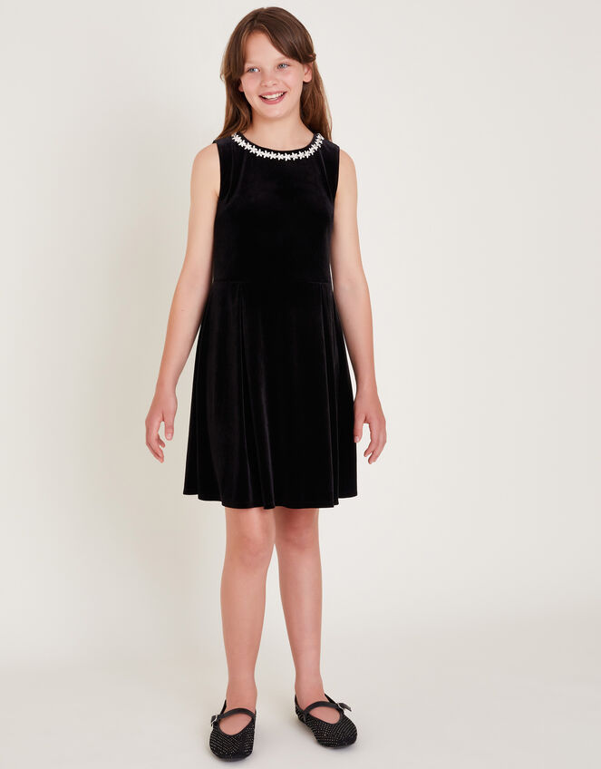 Laureli Bow Velour Sleeveless Dress, Black (BLACK), large