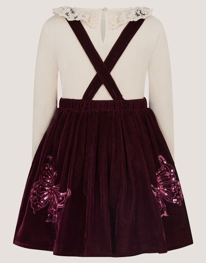 Long Sleeve Top & Velvet Pinafore Dress Set, Red (BURGUNDY), large