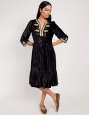East Daniella Embroidered Velvet Dress, Black (BLACK), large