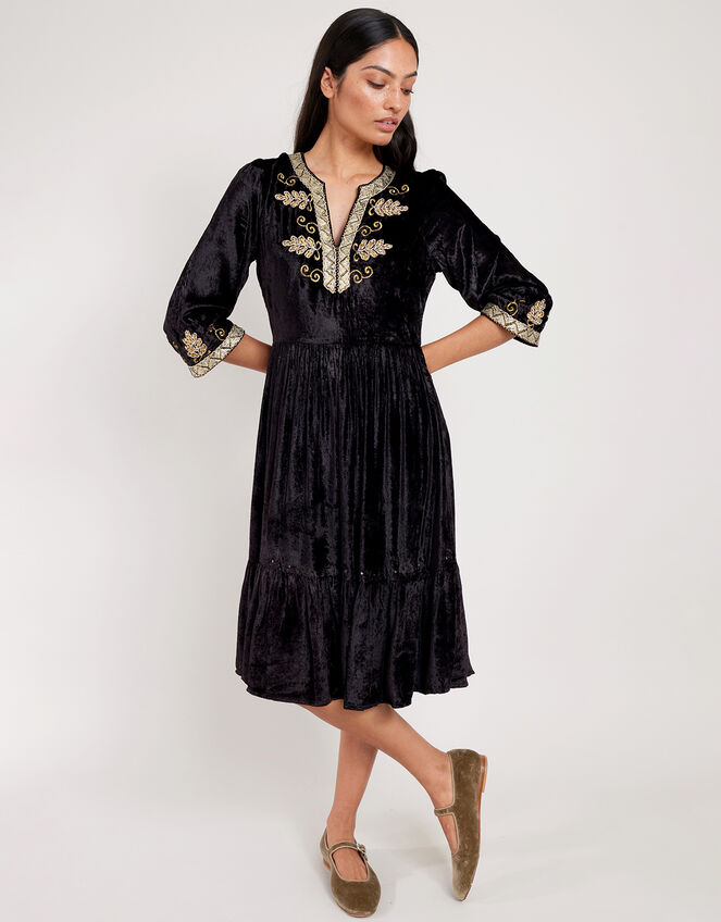 East Daniella Embroidered Velvet Dress, Black (BLACK), large