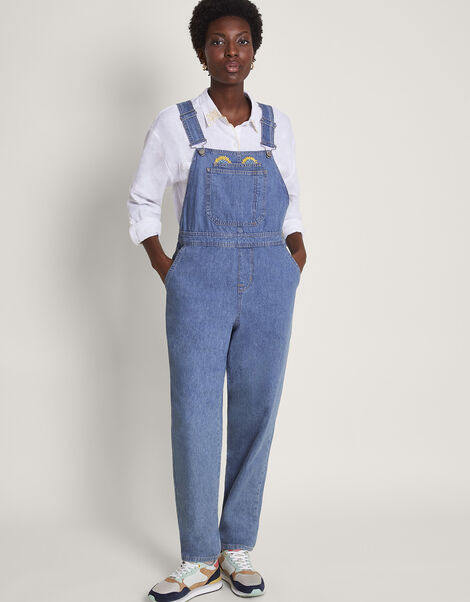 Tia Upcycled Denim Dungarees, Blue (DENIM BLUE), large