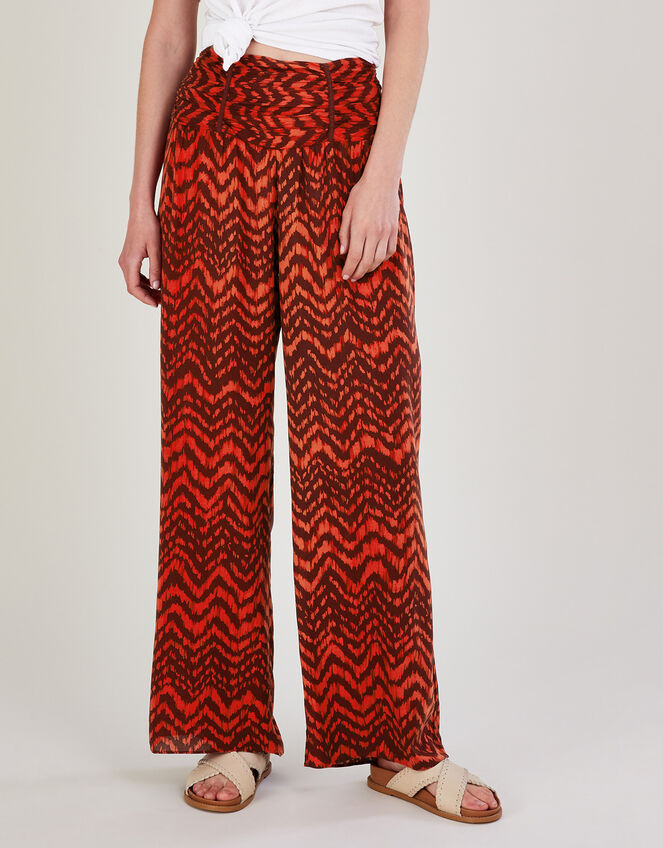 Ruched Waist Zig Zag Print Trousers , Red (RED), large