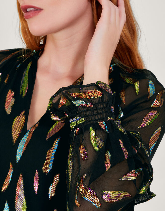 Fenna Sheer Feather Print Shirt, Black (BLACK), large