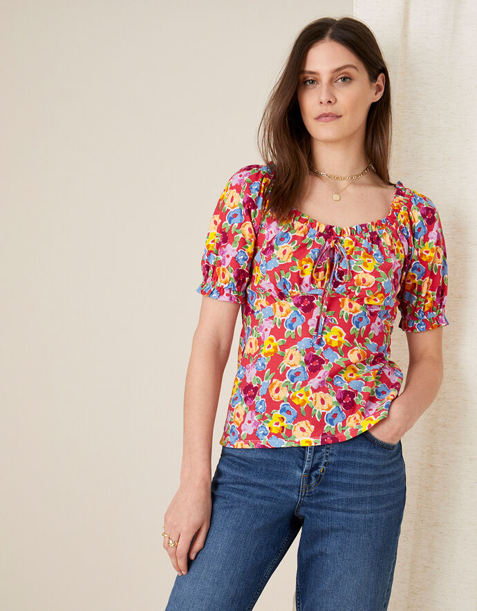 Floral Sweetheart Neck Jersey Top Red