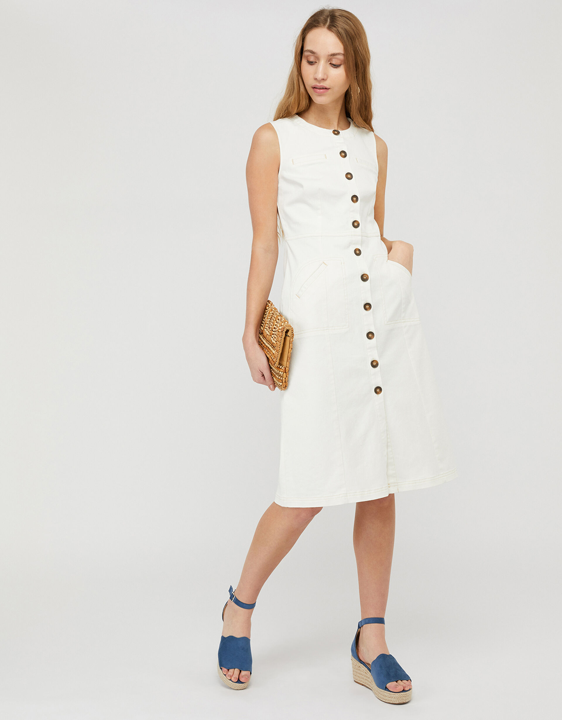 Elektra Slim Denim Midi Dress with Recycled Cotton, Ivory (IVORY), large