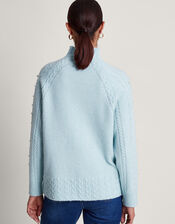 Pearl High Neck Cable Knit Jumper, Blue (BLUE), large