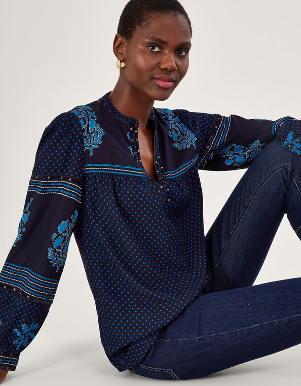 Petal Embellished Print Overhead Top Blue, Blue (BLUE), large