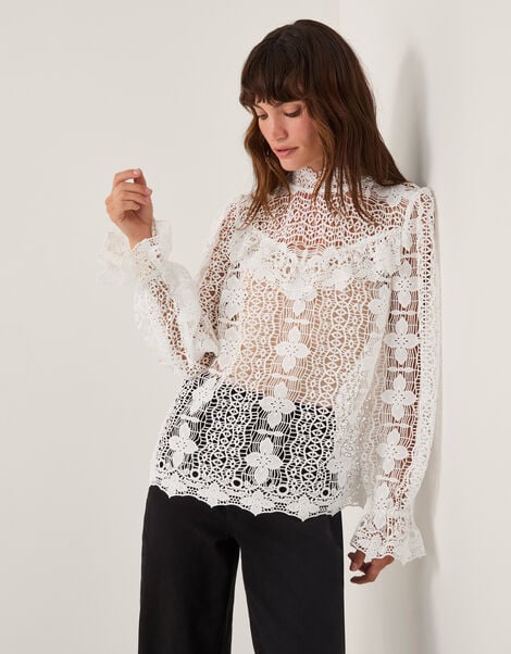 Phoebe Sheer Lace Blouse, White (WHITE), large