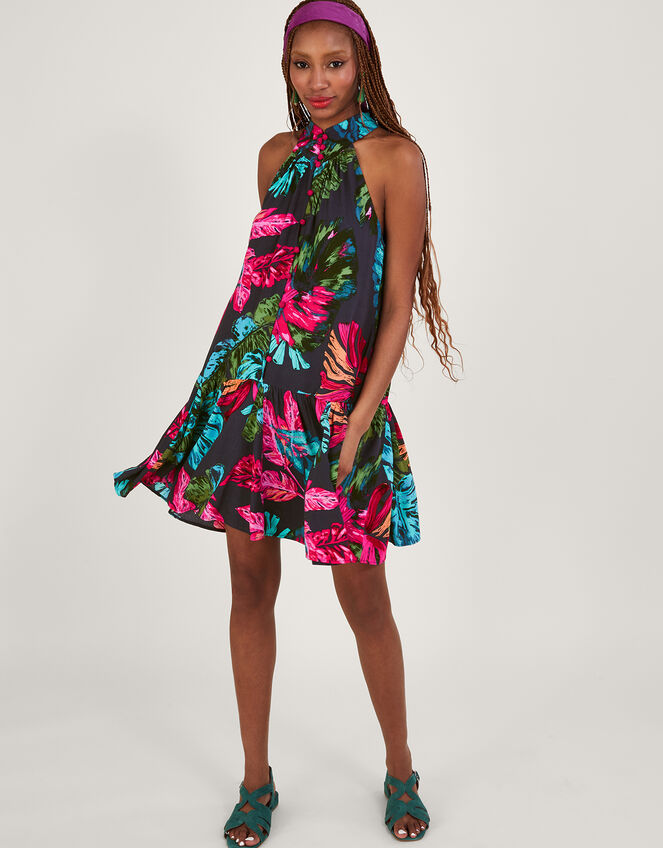 Bria Palm Print Halter Dress, Blue (MIDNIGHT), large