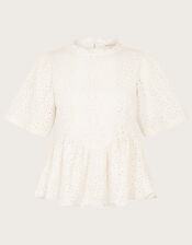 Short Sleeve Schiffli Detail Top, Ivory (IVORY), large