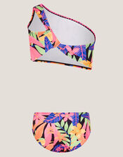 Tropical Floral One Shoulder Bikini Set, Black (BLACK), large