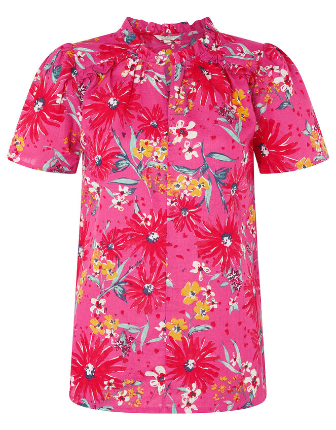 Dhana Floral Top in Linen and Organic Cotton, Pink (PINK), large