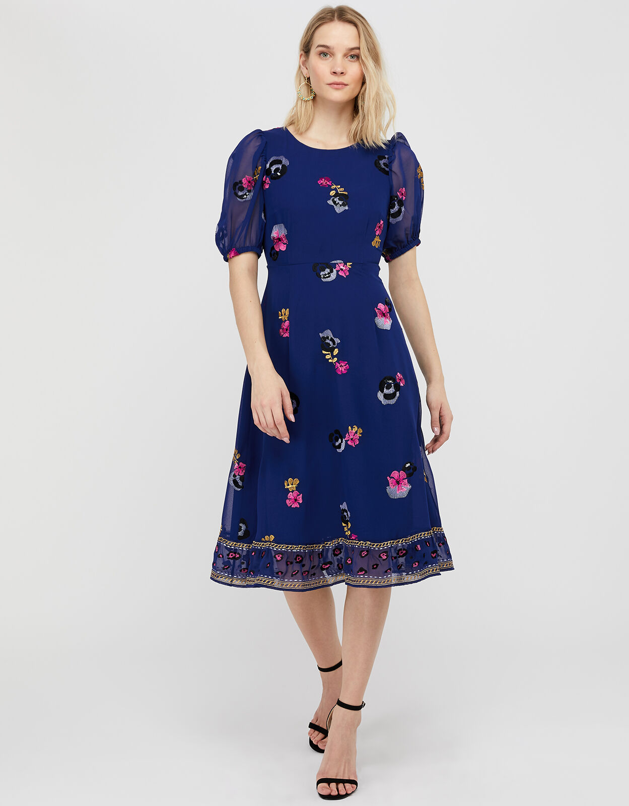 April Floral Embroidery Tea Dress Blue