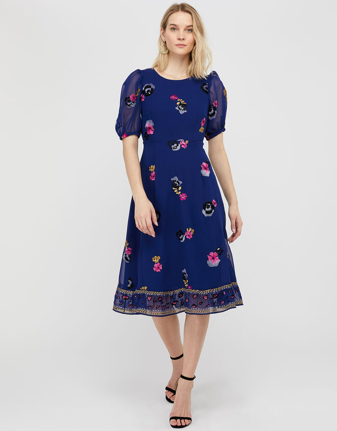 April Floral Embroidery Tea Dress, Blue (BLUE), large