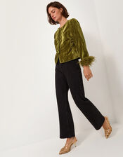Olivia Feather Cuff Velvet Jacket, Green (OLIVE), large