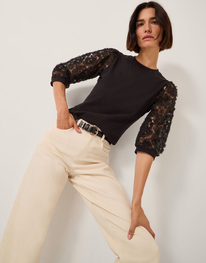 Flavia Sheer Appliqu&eacute; Sleeve Jersey Top, Black (BLACK), large