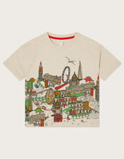 London Dinosaur Scene T-Shirt	, Camel (OATMEAL), large