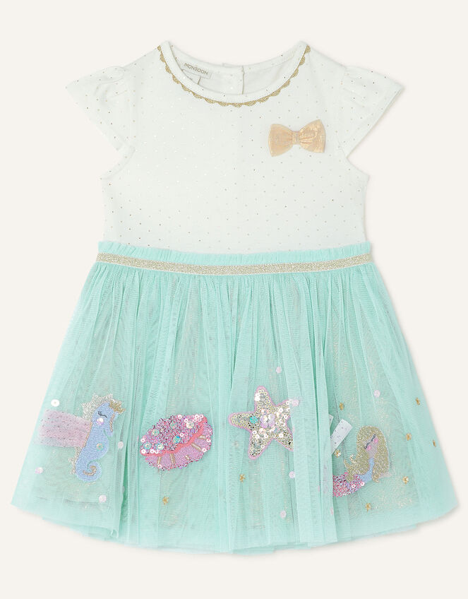 Baby Sea Scene Disco Dress in Sustainable Cotton, Blue (AQUA), large